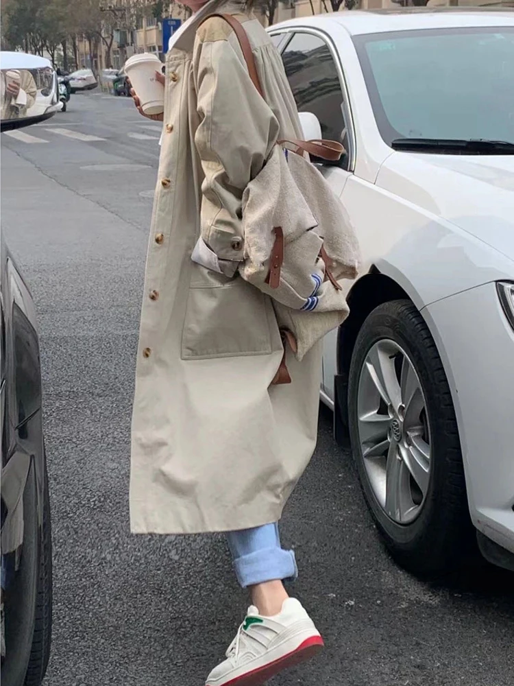 YERMORA Khaki Big Size Pockets Trench Women New Lapel Long Sleeve Loose Fit Windbreaker Fashion Tide Spring Autumn 2024 A16