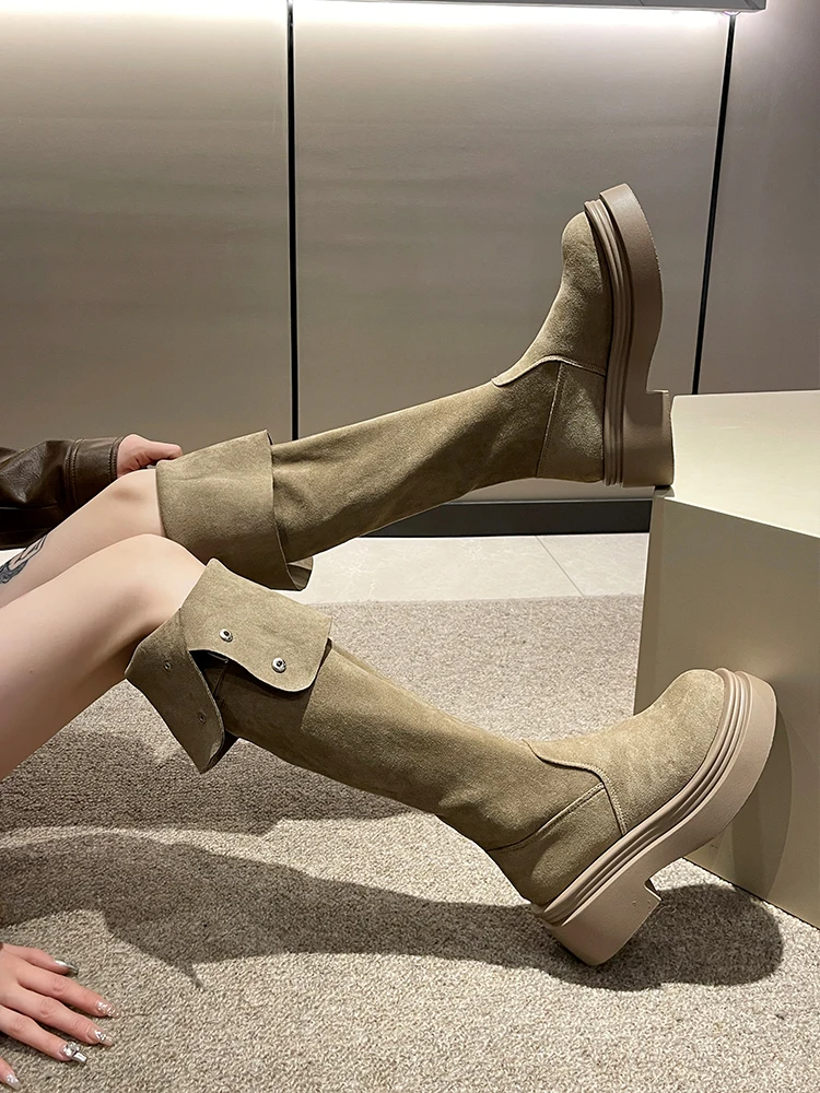 Botas con cremallera para mujer, zapatos con plataforma de diseñador de lujo, plano y tacón punta redonda, zuecos a la moda, para otoño e invierno, 2023