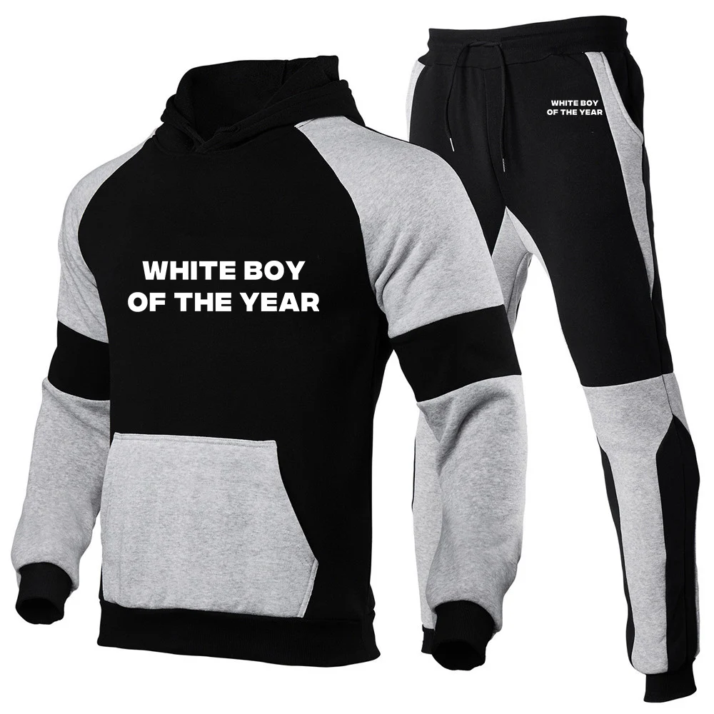 2025 Spring And Autumn WHITE BOY OF THE YEAR Print New Men's Patchwork Casual Hoodie + Trouser Harajuku Fashion Suit