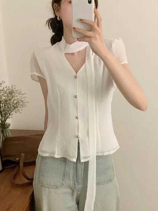 

Ele V-Ne Hanging Sa irt Женская шикарная летняя мода Gentle Sle Bubble Sve ort Sve Pure Color для поездок на работу и ветер