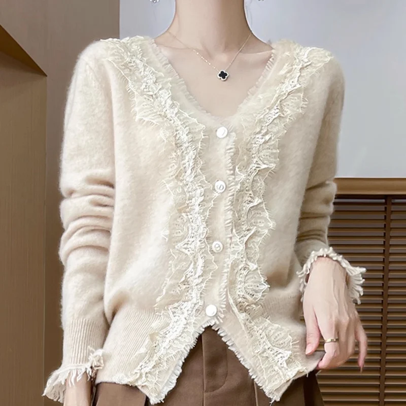 

Свободный шерстяной свитер для женщин, новинка весны и осени 2025 года, кружевной вязаный кашемировый кардиган с v-образным вырезом, пальто W746