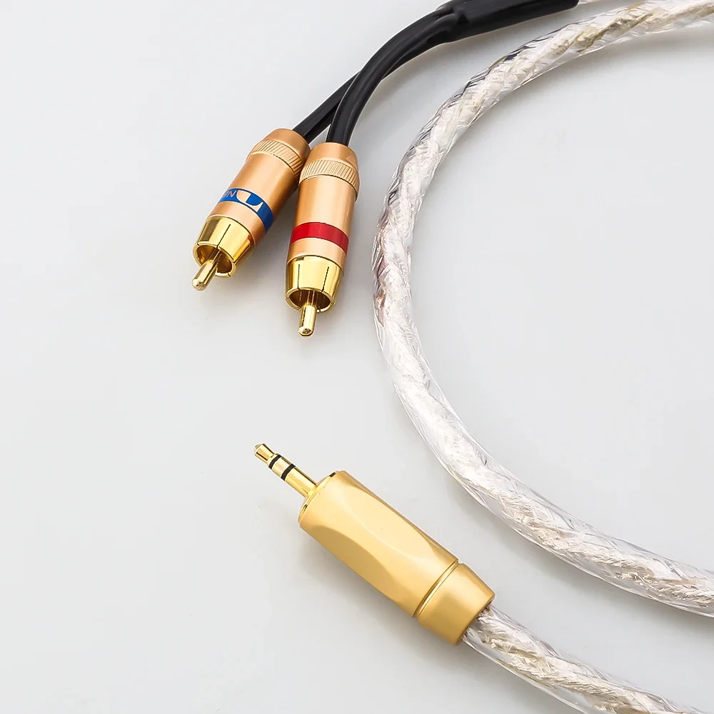 HI-End posrebrzany kabel Audio 3.5mm męski do 2 RCA męski Audio aux Stereo Y kabel rozgałęziający