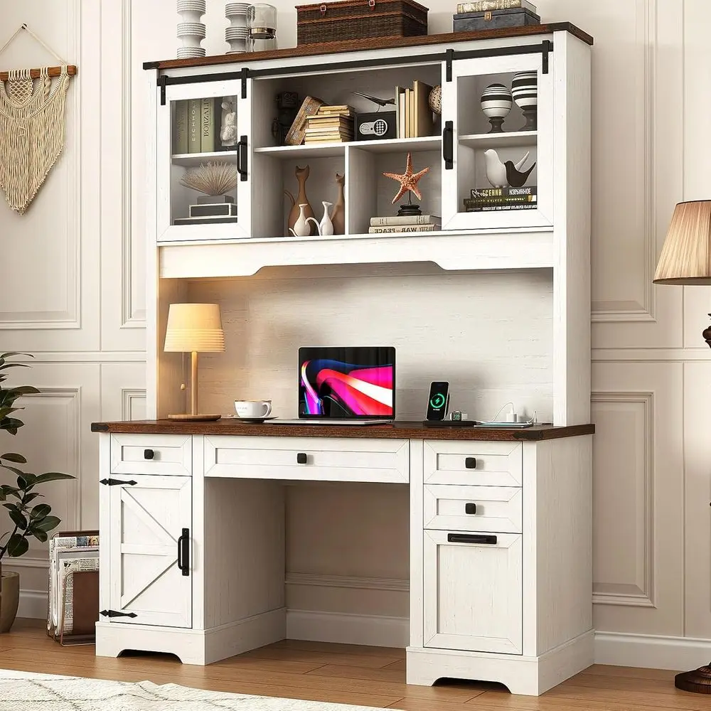 

Белый деревенский стиль: Навесной шкаф-стол (76 см высотой) с раздвижными дверцами, зарядной станцией и местом для хранения для кабинета руководителя и игровой зоны