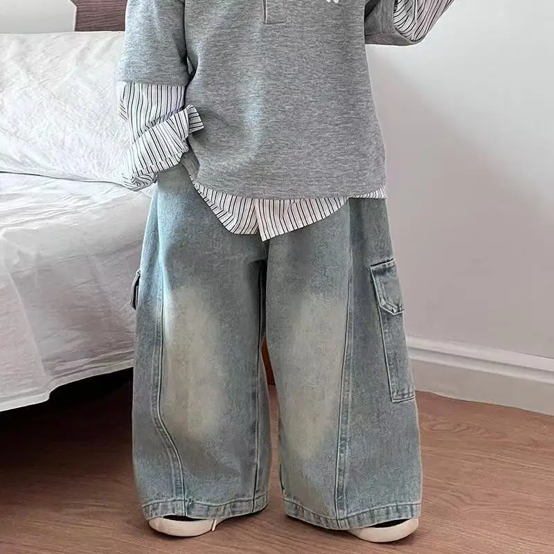 

Children's Jeans Loose Straight Pants Wide Leg Cargo Pants for Boys Girls 2025 New Spring Autumn Kid's Denim Pocket Trousers