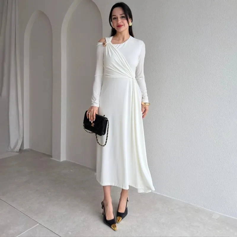 

2026 Spring Summer New Womens Fashion Elegant Desin Solid Color Long Sleeve Round Neck Bodycon Dress