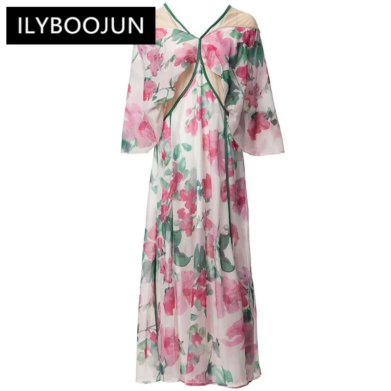 

ILYBOOJUN Fashion Designer Women's New V-Neck Batwing Sleeved Loose Patchwork Printed See-Through Holiday A-Line Long Maxi Dress