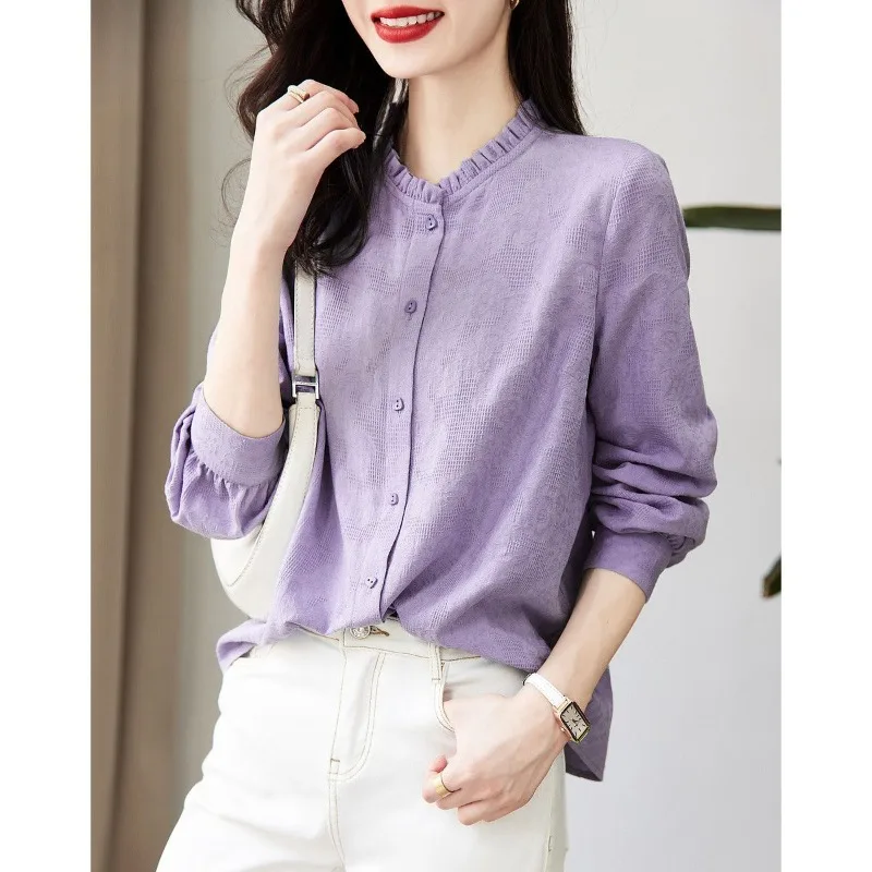 2023 Spring and Autumn Women\'s Solid Stand Collar Long Sleeve Single Breasted Slim Shirt Elegant Fashion Casual Office Lady Tops