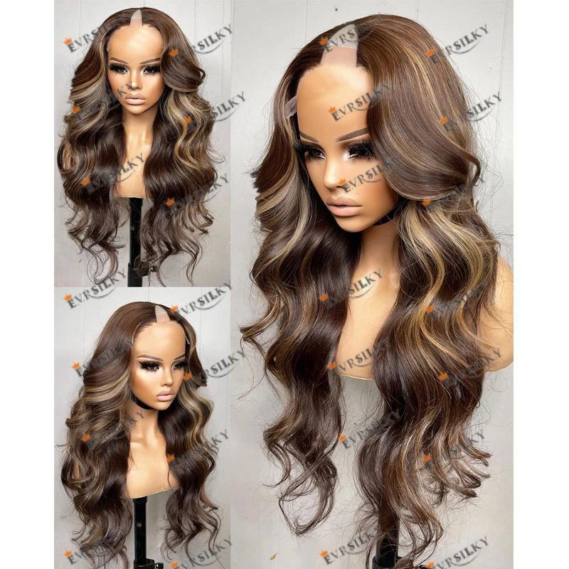 

Peruvian 100% Human Hair Highlight Bayalage Brown Blonde Body Wave 1x4 Size V Part Wigs for Black Women Full Neutral Brown Wigs