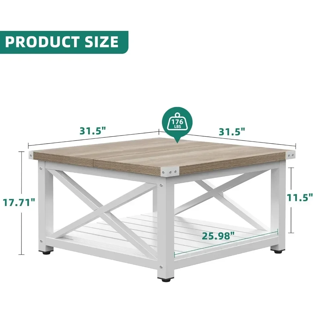 XMSJ кофейный столик фермерский, квадратный винтажный стол для гостиной с полками, кофейный столик с хранилищем, серый