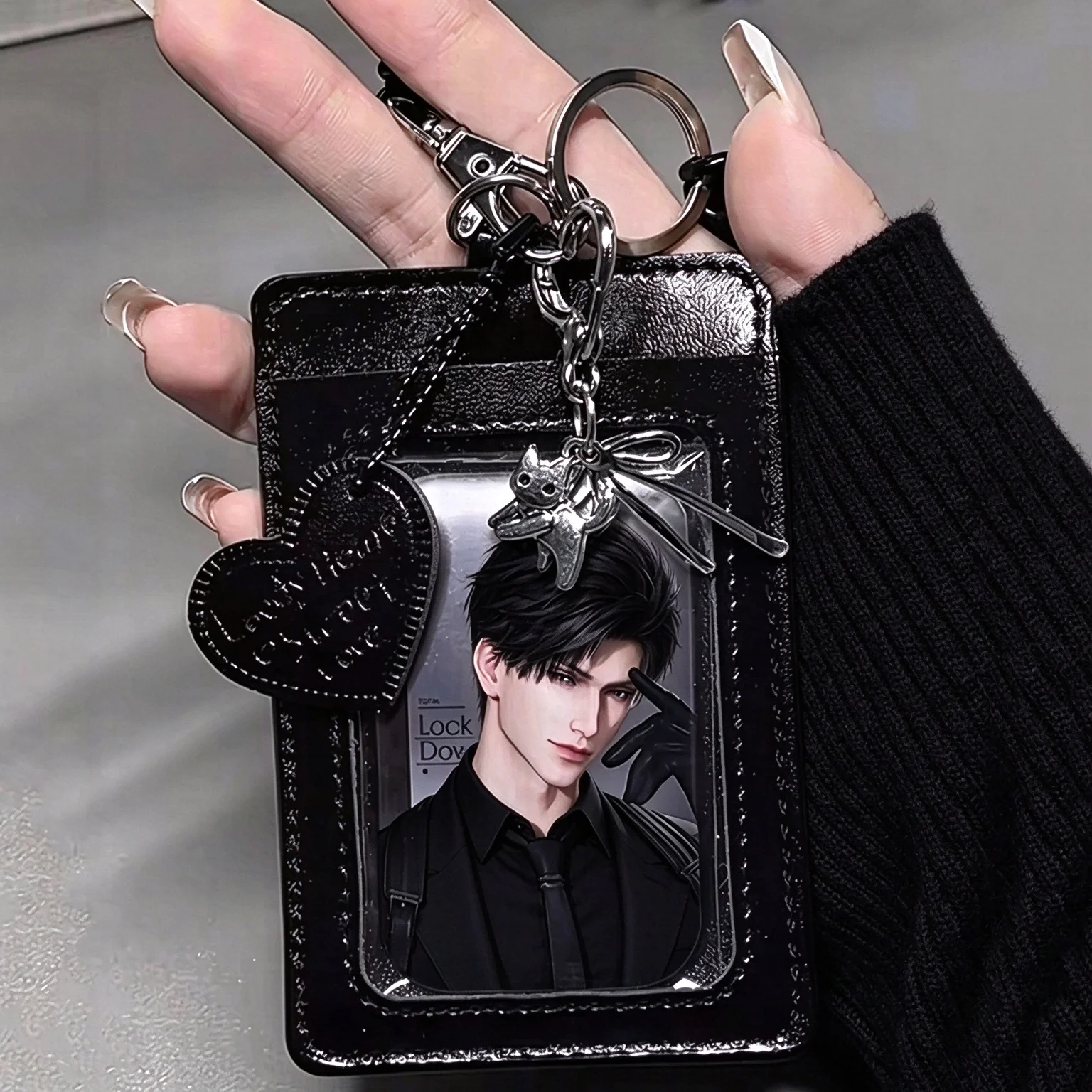 New PU Black card holder album storage Key ring pendant Korean Kpop Card Sleeve with Protective Film Idol Photo Game Card Cover