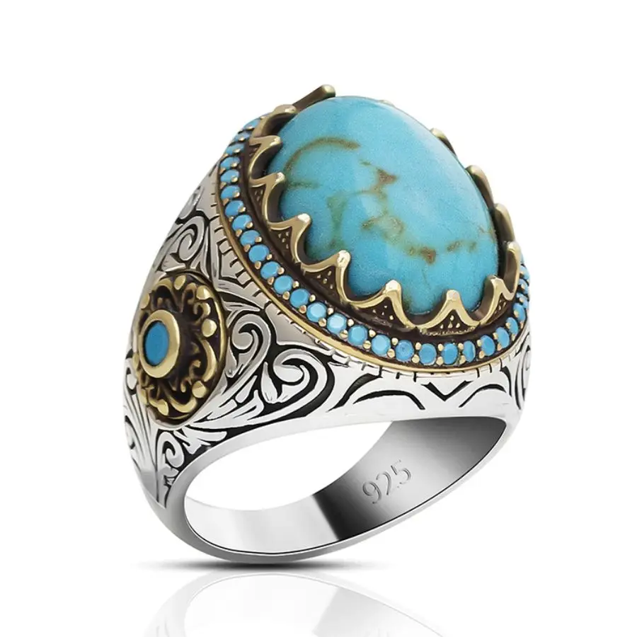 Wholesale Rings Men Vintage Natural Turquoise Stone 925 Sterling Silver Turkish Islamic Antique Wedding Rings Male