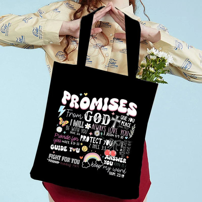 

Promises From God Printed Christianity Shopping Tote Bags New Commuter Simple Versatile Jesus Storage Bag Women Men Gifts