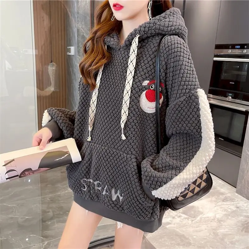 

Womens Hoodies Autumn Winter Trendy Plush Thicken Hooded Coat Korean Style Loose Mid-length Hoodie Kawaii Design Top Y2k Clothes