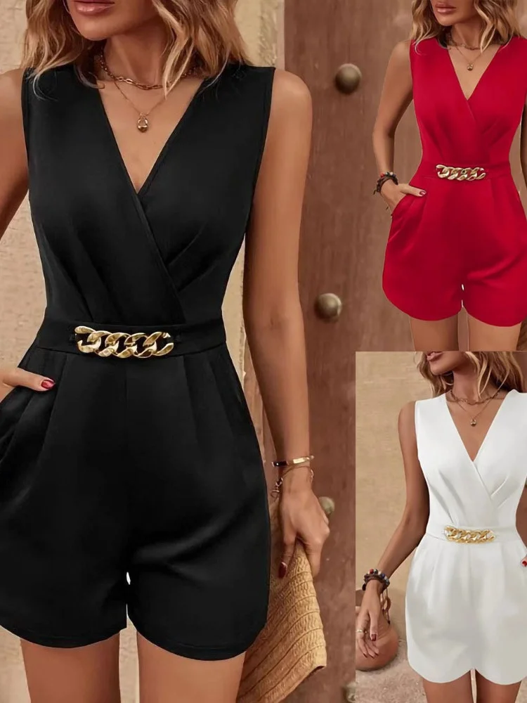 レディース Vネック ウエスト キャット ジャンプスーツ オルトス ミッドウエスト ポリエステル オルト パンツ サマー ファッション カジュアル 快適 ワンピース スーツ