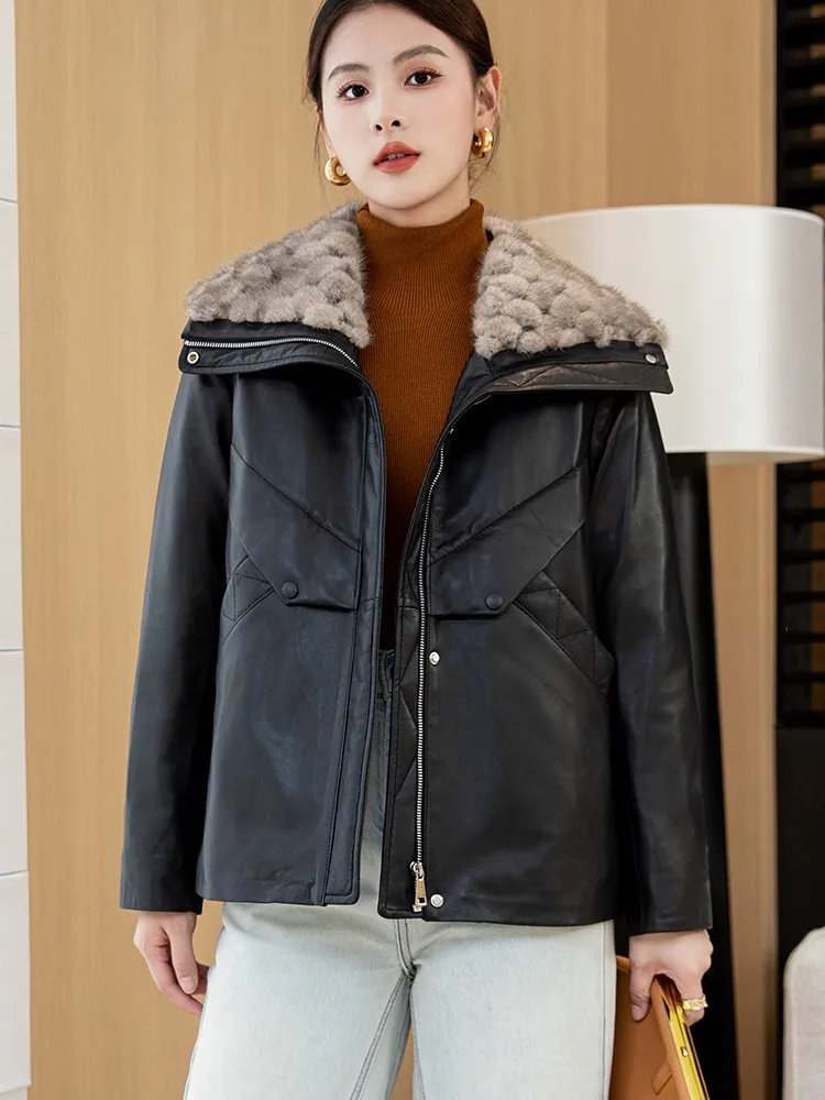 Piumino invernale da donna in vera pelle, collo in pelliccia di visone di lusso, cerniera, capispalla casual caldo, giacca da donna in pelle di pecora streetwear