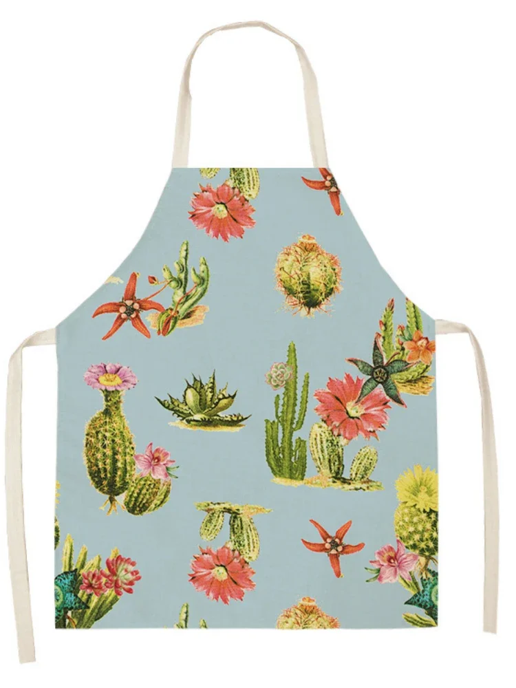 Cartoon Plant Cactus Pattern Linen Hand Wipe Sleeveless Waist Apron Home Decor Apron Kitchen Baking Accessories Delantal Cocina