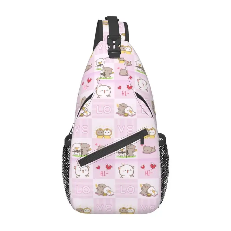 Mochila Crossbody Peach e Goma Sling para homens, Mochi Cat dos desenhos animados personalizados, bolsa de ombro no peito para ciclismo, mochila camping