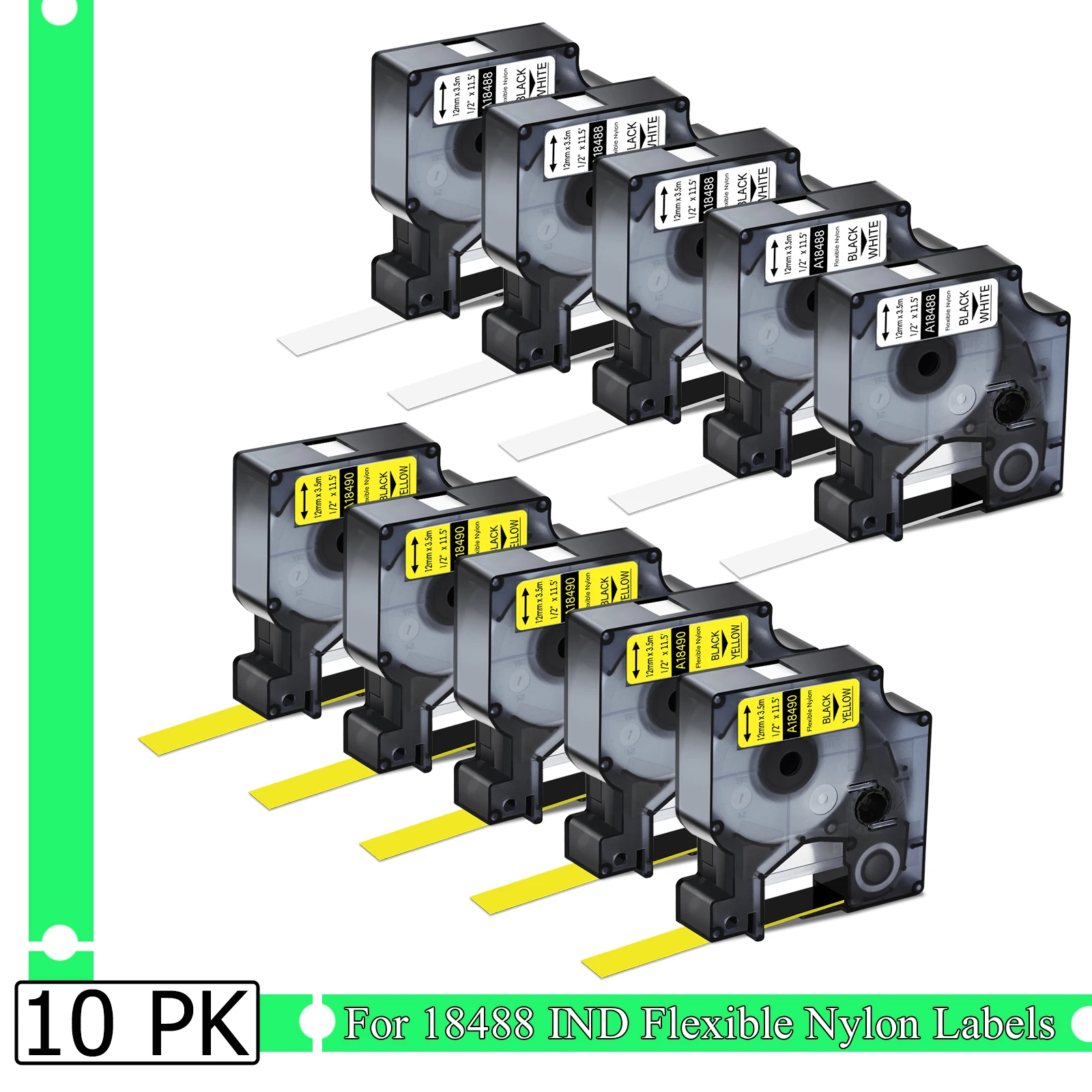 

3-10PCS 9mm/12mm/19mm IND Flexible Nylon Label Tapes for Dymo A18488 18489 18444 Black on White Tape For DYMO Rhino 4200 ​5000