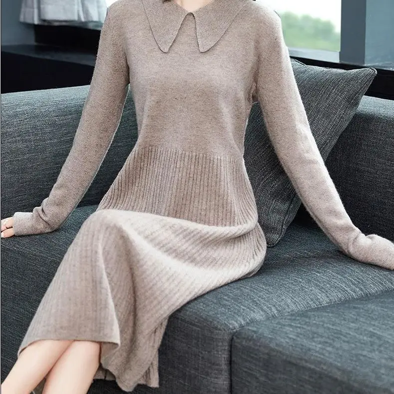 Vestido feminino de malha de comprimento médio, pulôveres femininos, jumper de fundo, fino, tamanho grande, nova moda, outono, inverno