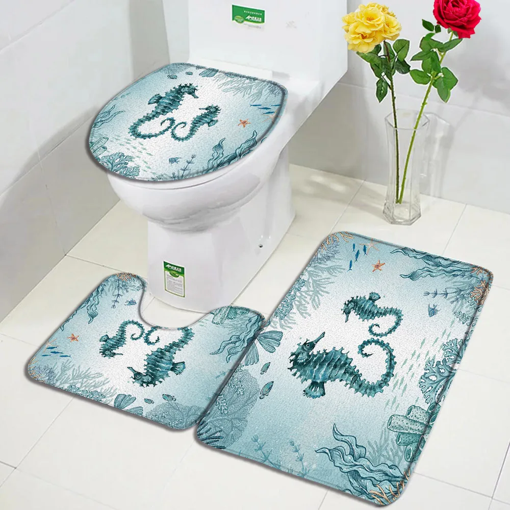 Sea Turtle Bath Mat Set Watercolour Ocean Animals Starfish Seagrass Modern Home Carpet Bathroom Decor Rugs U-Mats Toilet Cover