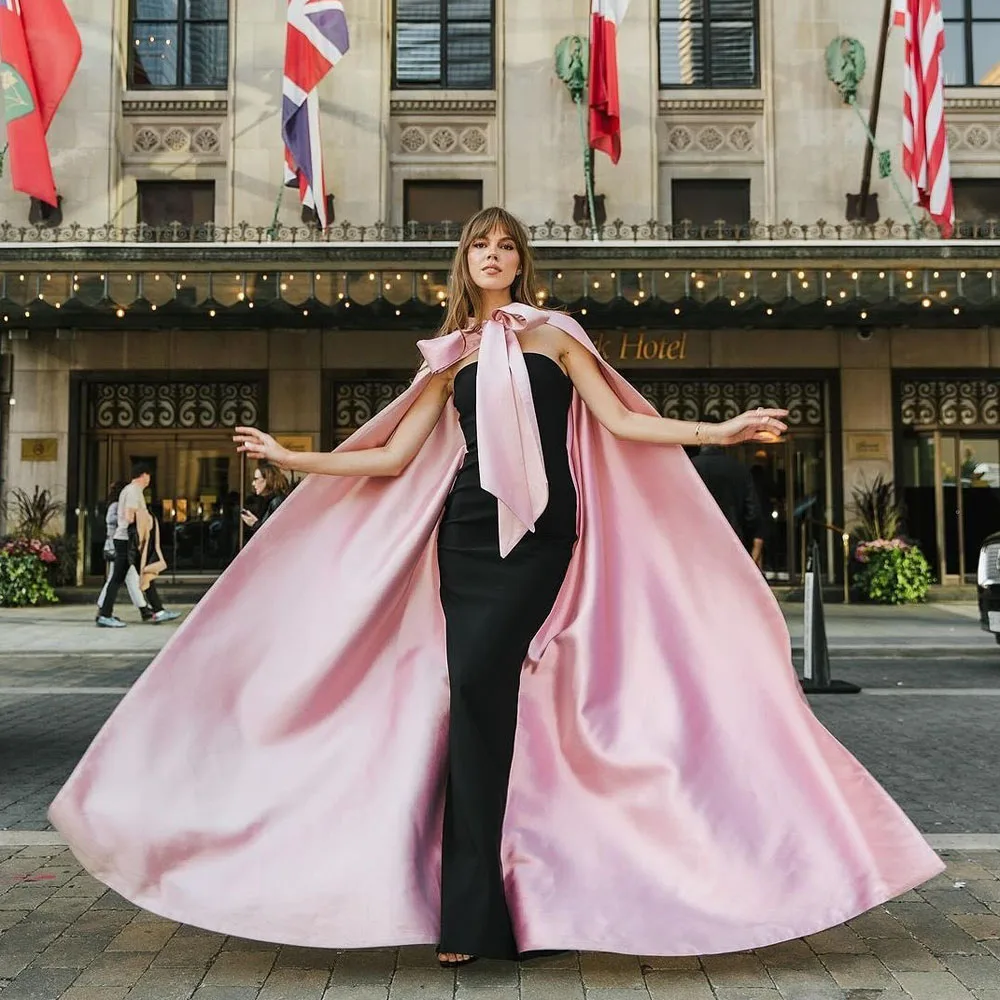 Custom Made Pink Satin Long Women Cape With Bow Floor Length Women Jackets Wedding Jacket Bridal Cape Outerwear Coats