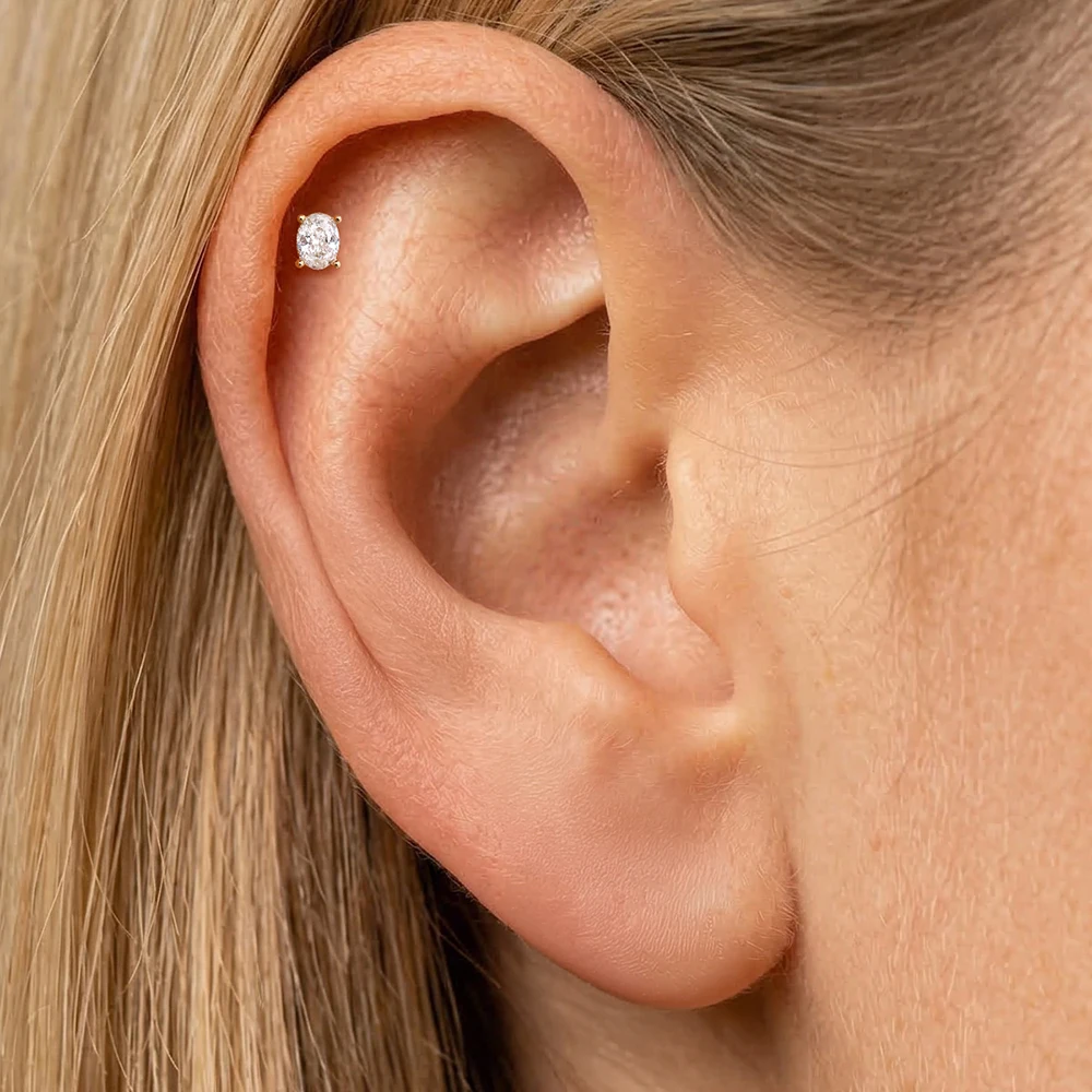 DIeSchein 14K Solid Gold Piercing Earring Internal Thread Flat Back Earrings CZ Cartilage Stud For Women Helix Tragus Conch Stud