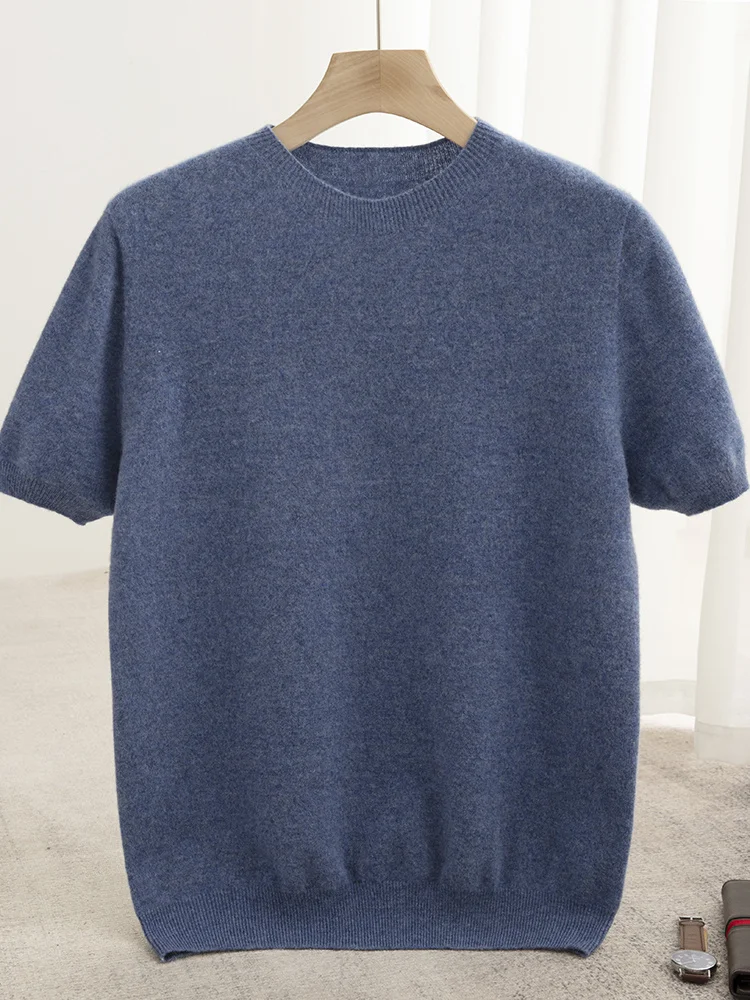 Spring Summer Men's O-neck Wool Pullover T-shirt Short Sleeve Sweater 100% Merino Wool knitwear Basic Cashmere Soft Clothing Top