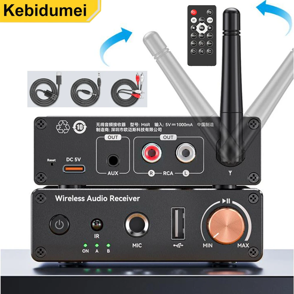 KEBIDUMEI Bluetooth 6.0 Audio-Empfänger 3,5mm AUX RCA USB 6,5MM Mikrofon Karaoke Musik Wireless Adapter mit IR-Fernbedienung