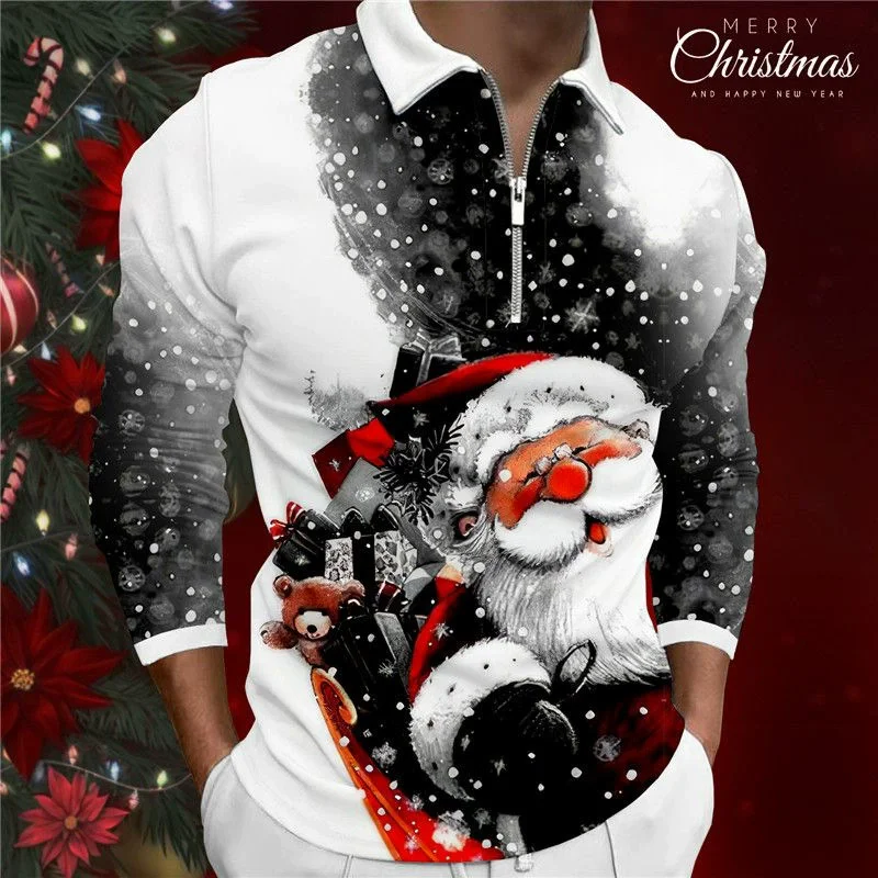 Santa Claus Pattern Fashion Men's Polos T-Shirts Autumn Winter Long Sleeve 3d Print Street Hip Hop Christmas Male POLO Tops Tee
