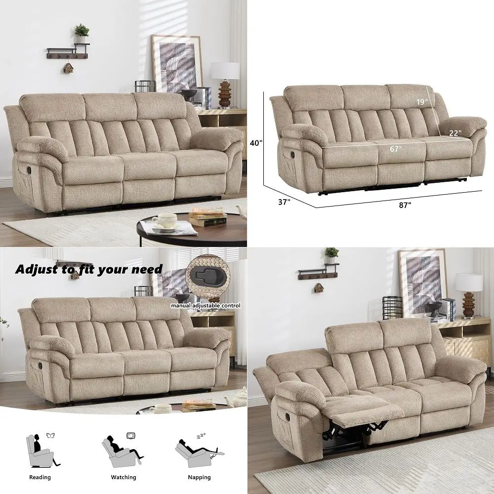 

Recliner Sofa Set, Manual Reclining Sofa with Overstuffed Armrest for Living Room,Bedroom Furniture,Office,3 Seat Light Brown