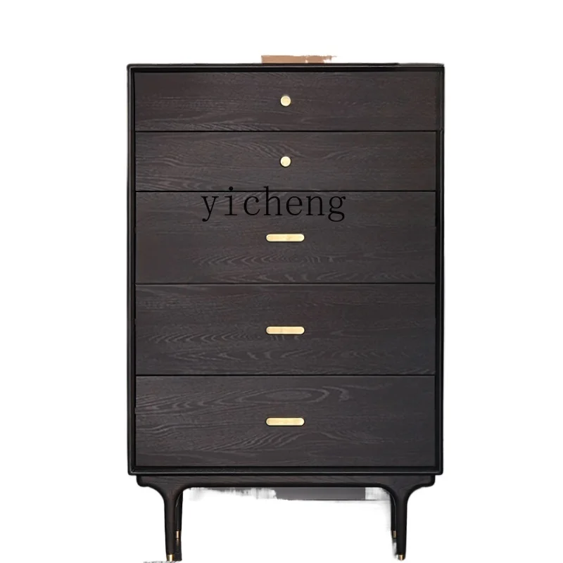 ZF Black Retro Solid Wood Chest of Drawers Storage Cabinet Bedroom Light Luxury Wall High Leg Living Room