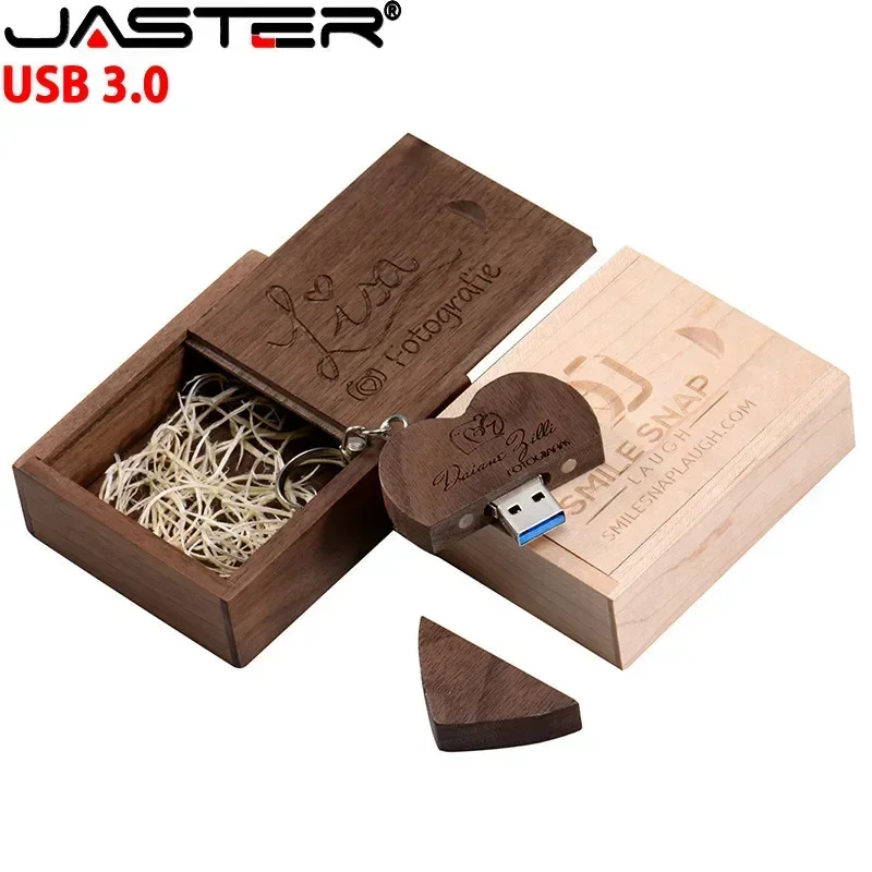 Unidad flash USB 3,0 de alta velocidad de madera en forma de corazón, unidad de bolígrafo con logotipo personalizado gratuito, 128GB, 64GB con