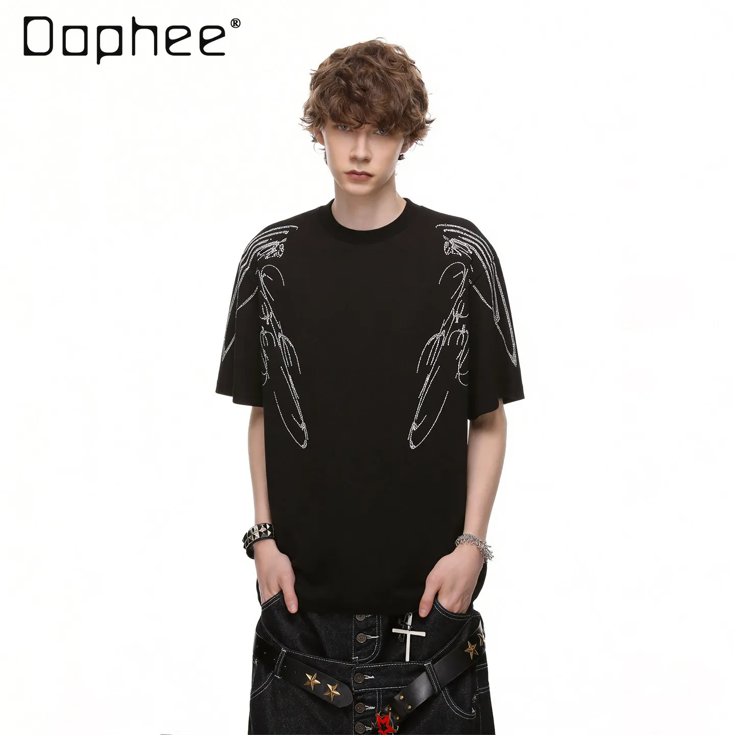 

2026 Summer New Men's American Punk Street Hip Hop Style Black White Wing Rhinestone Loose Casual O-Neck Short Sleeve T-Shirt