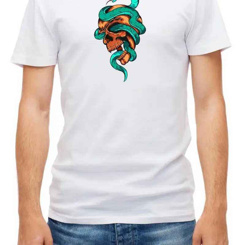 

Белая мужская футболка с изображением черепа и змеиной татуировкой D337