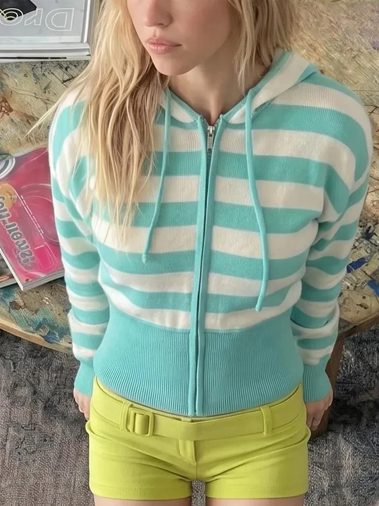 Women Y2K Korean Aesthetic Fashion Striped Knit Hoodie Full Zip Blue White Stripe Long Sleeve Casual Outerwear