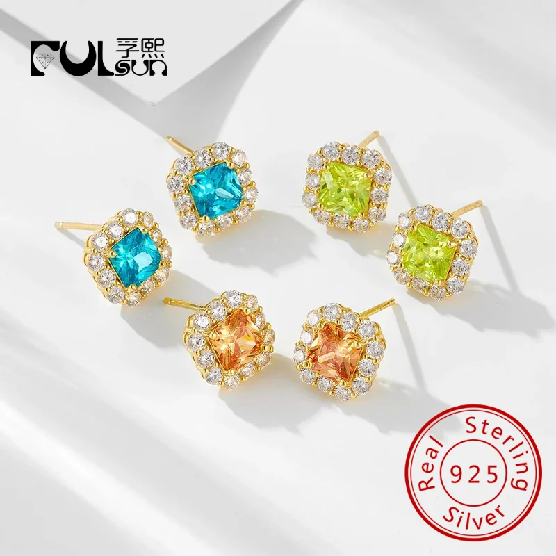 925 Sterling Silver Square Citrine yellow Princess Cut Topaz blue peridot green Square Cubic Zirconia Earrings Studs for women