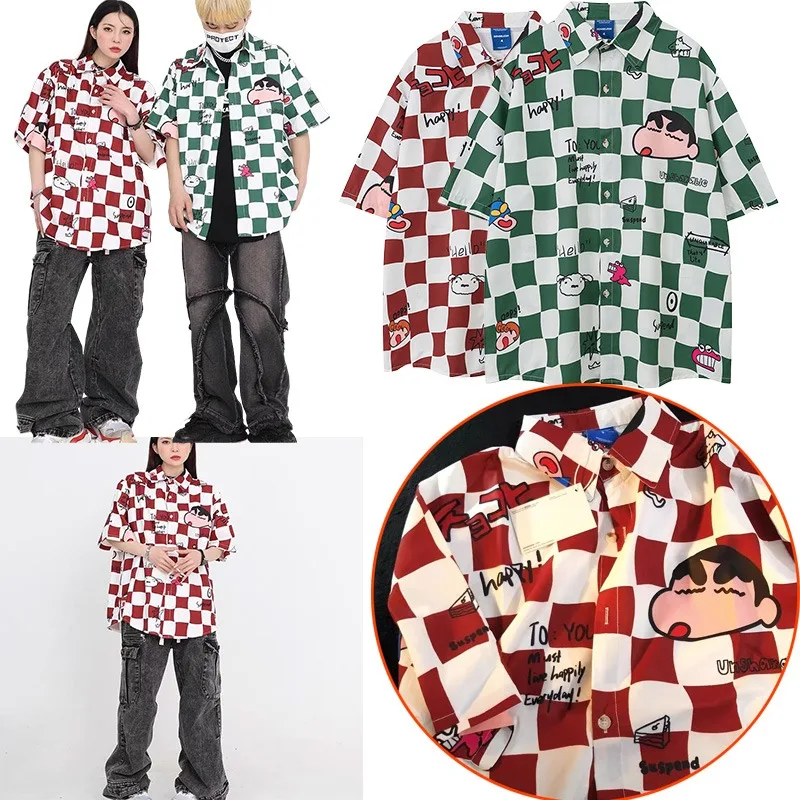 

Crayon Shinchan Plaid Shirt T-shirt Anime Characters Casual Men Women Go Out Color Blocked Plaid Short Sleeved Couple Shirt
