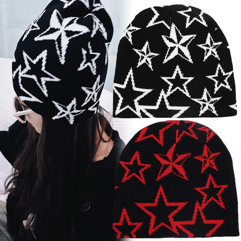 Fashion Knitting Star Printed Cap Men Women Pullover Pile Cap Paragraph Quality Beanie Warm Ins New Soybean Wool Cold Cap кепка