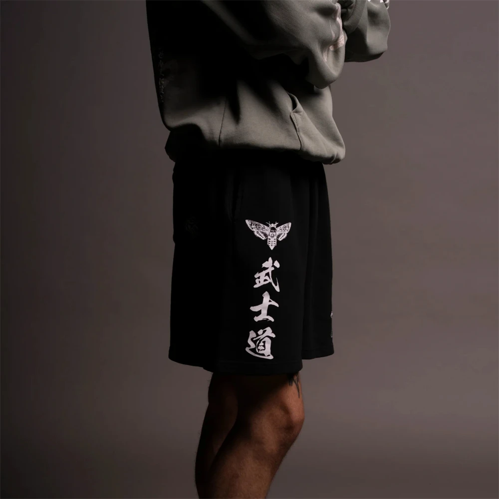 OKAMI WOLF OVERSIZED Men Cotton Shorts POST LOUNGE SWEAT SHORTS IN BLACK Casual Quarte Point Pant Joggers Gym Sports Sweatpants