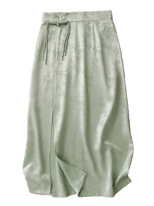 กระโปรงสไตล์จีนใหม่ ผ้าอะซิเตทลายปักไม้ไผ่ ไซส์ใหญ่สำหรับผู้หญิง กระดุมพู่ห้อย เอวสูง สไตล์จีนดั้งเดิม