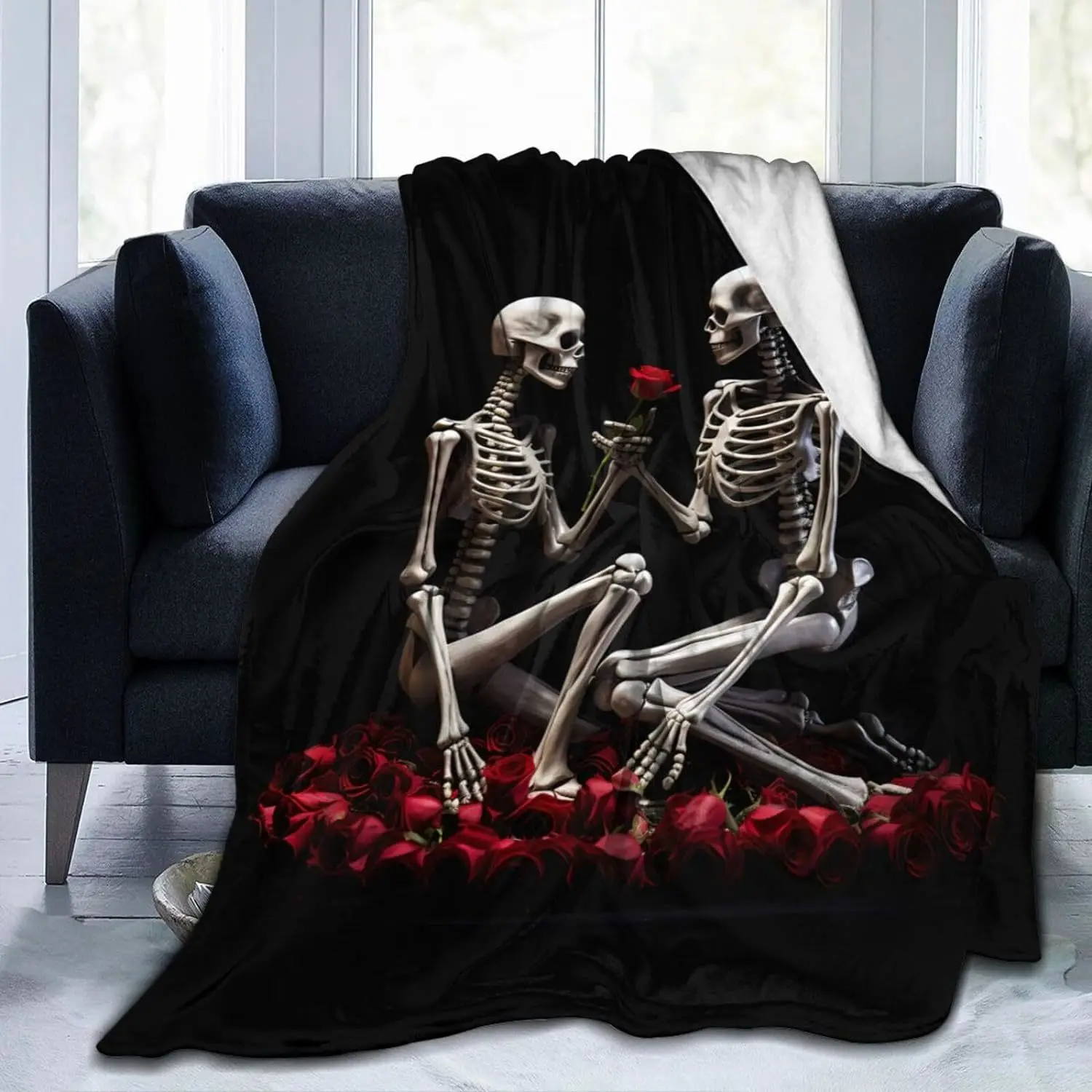 

Skull Red Rose Love Blanket Valentine's Day Plush Microfiber Flannel Blanket Bed Sofa Camping Trip