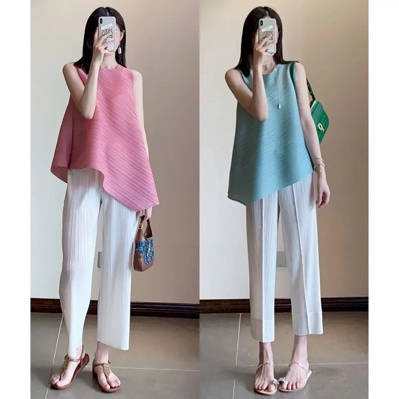 Folding Chic T-shirts Sets for Women High End Pleated T Shirts and Fashion Wide Leg Pants Casual 2 Piece Set Summer Thin Suits