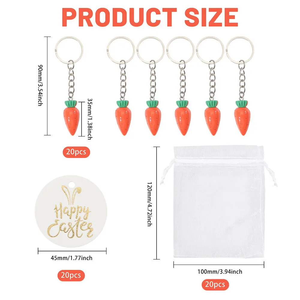 20 Sets Carrot Keychain Resin Carrot Pendant Keychains with Iron Split Key Rings DIY Keychains for Easter Party Gift