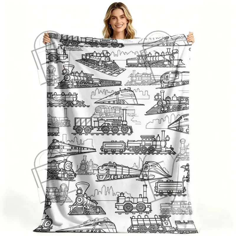 DIY Coloring Blanket Retro Steam Train Locomotive Sketch Unfinished White Flannel Fleece Throw for Hobby Gift