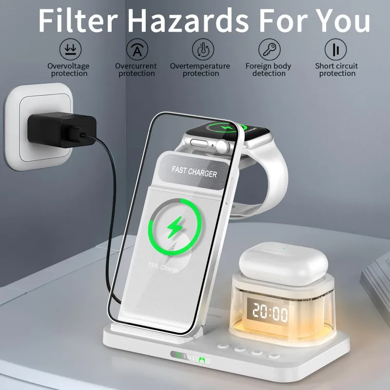 A26Z 5-in-1 Folding Wireless Charging Station with Clock & Night Light for Smartphone Devices - White