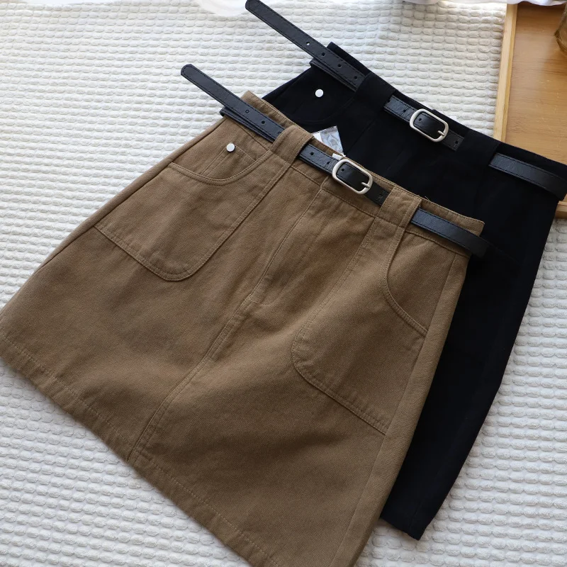 

Cool Girls A-line Denim Skirt With Belt Korean Edition Women's Autumn Versatile Solid Workwear Skirt Fashion Pocket Mini Skirts