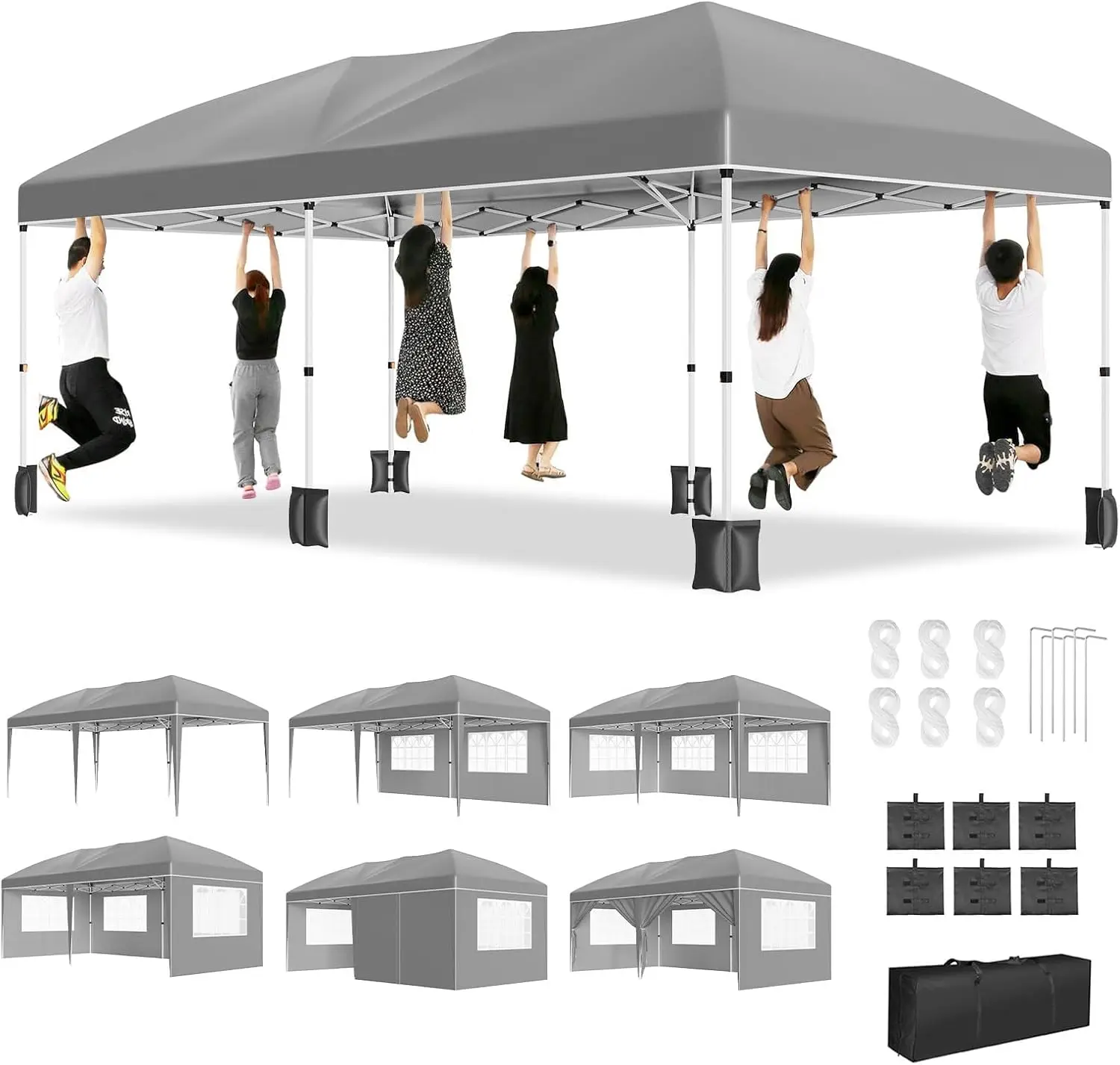 10x20ft Pop‑Up Canopy Tent w/Window Sidewalls Waterproof Outdoor Shelter Light-transparent Sidewall Window Weatherproof Oxford Fabric for Patio and Backyard
