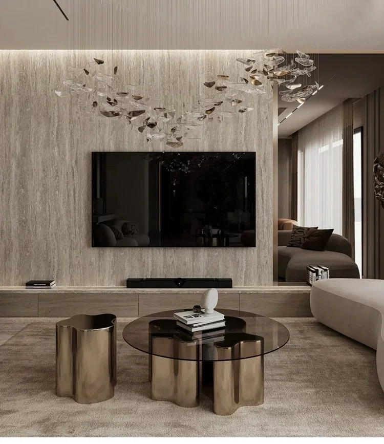 Stainless steel silver irregular coffee table tempered ultra-white wave special-shaped tree root simple sofa table