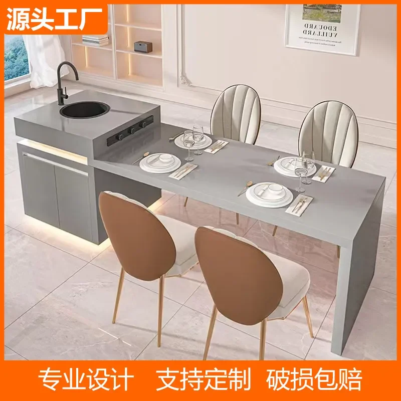 Modern Light Luxury Island Table with Retractable Sintered Stone Top Multi Functional Storage Kitchen Bar Table for Home