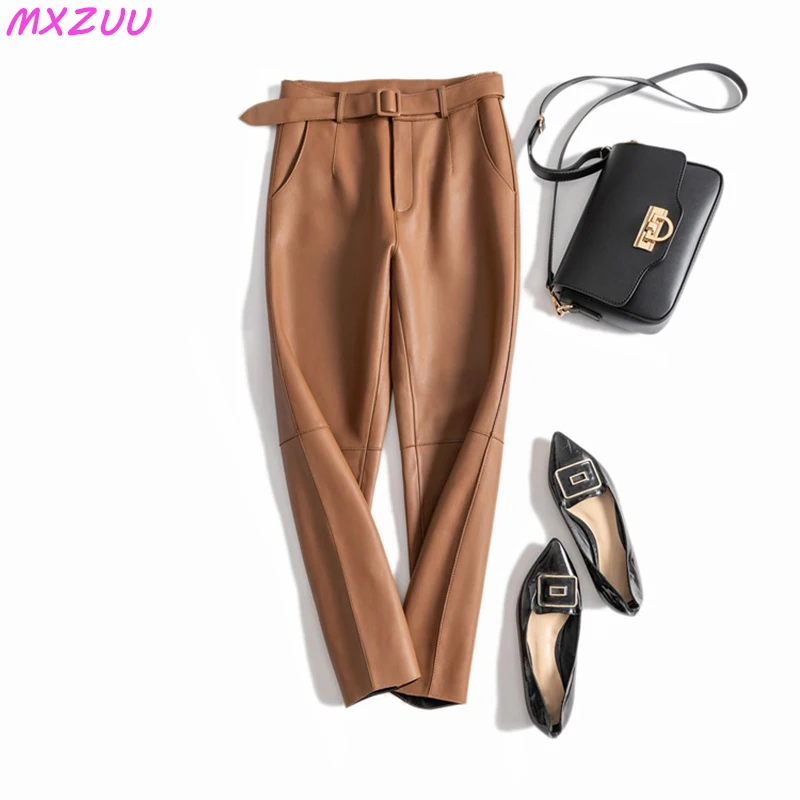 Caramel Lambskin Pencil Pants For Women Genuine Leather Mid- Waist Pantalones Mujer Wrap Hip A-line Cropped Trousers Belt WS1026